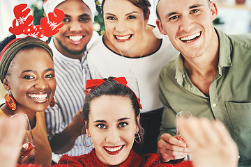 Image showing Selfie, christmas and business people, office team and celebration together. Portrait staff group, festive party and taking a picture for happy memory with friends, celebrate holiday and diversity