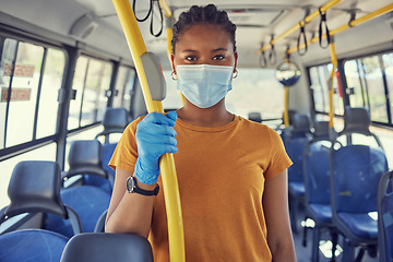 Image showing Woman on bus travel, public transport and covid motor transportation of black woman portrait with face mask. Traveling, corona health safety and worker going to work in morning with covid 19 security