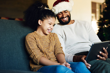 Image showing Tablet, video call or movie with black family on christmas for bond, happiness and smile. Care, dad and child on sofa for festive holiday internet streaming together in happy family home.