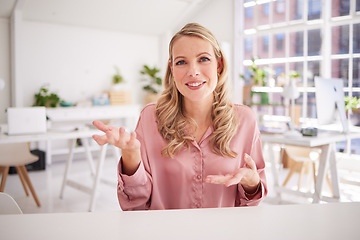 Image showing Portrait, hands and business woman with idea in office, explain and discuss vision, goal and mission for startup. Face, hand sign and worker express innovation, strategy and pov planning for company