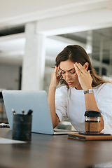 Image showing Stress, headache and laptop with business woman for burnout, overworked and anxiety. Mental health, fatigue and depression with tired employee and deadline suffering with problem, fail and mistake