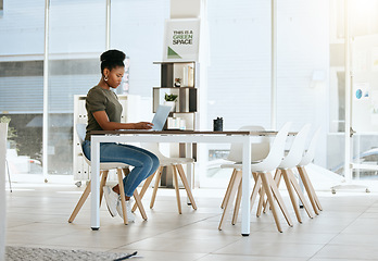 Image showing business black woman, laptop and modern office for startup, website review and email marketing strategy, planning or productivity. Technology, copywriting and creative african worker email networking