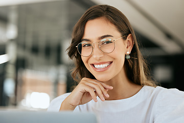 Image showing Creative, woman and portrait smile with glasses for vision, career ambition or success at the office. Happy female employee designer face smiling with teeth in happiness or satisfaction at workplace