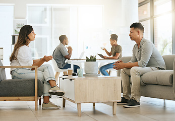 Image showing Business people, office discussion and marketing team on sofa in advertising agency for meeting, collaboration and planning. Design workers talking on couch in creative workplace, startup and lounge