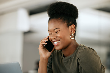 Image showing Smartphone, communication and business black woman or Human Resources manager talking for about us, faq and company information. Tech, cellphone and happy african payroll hr for staff management chat