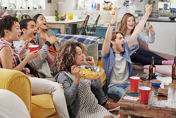 Image showing Celebration, diversity and excited people watching tv, global sports event or world cup competition winner. Pride, wow goals and team support energy of social fans streaming game with beer and snacks