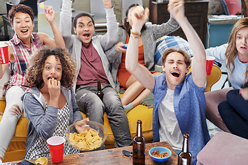 Image showing Food, party and watching tv with friends in living room for sports games, winner and goal with global world cup. Diversity, support and wow with soccer fans for television, news and broadcast