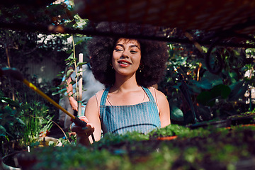 Image showing Water plants, gardening and black woman with green shop, store or small business smile for growth success, goals and working in spring. Happy young african garden or greenhouse manager in agriculture