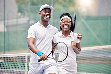 Image showing Friends, tennis and happy smile, fitness and racket after sport training, workout and practice at outdoor. Black man, woman and athlete couple, happiness and sports practice on tennis court together