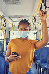 Image showing Bus, public transport and black woman with phone and covid face mask during travel for safety compliance and health. Portrait of female during covid 19 with smartphone for communication and schedule