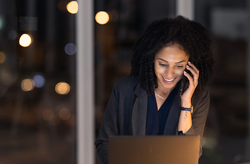 Image showing Phone call, night and laptop with business woman in office for leadership, overtime and management. Technology, vision and communication with black woman for corporate, planning and global networking
