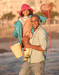 Image showing Portrait, children and fishing with a father and daughter at the beach for bonding on summer vacation. Kids, family and love with a black man and girl together outdoor in nature with a net and bucket