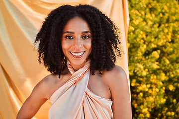 Image showing Black woman, face and portrait smile in fashion beauty and style with stylish clothing outdoors in a garden. African American female, model stylist or designer smiling in fashionable joy with beauty