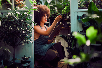 Image showing Woman entrepreneur, checklist and plants shop, check plants and growth development in job. Service, agriculture and black woman confirm quality control, farming or produce for health or eco friendly