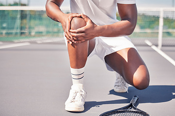 Image showing Tennis, hands and knee in sports injury, accident or bruise holding painful area for medical emergency on the court. Hand of tennis player suffering from sore leg, fall or joint inflammation outside