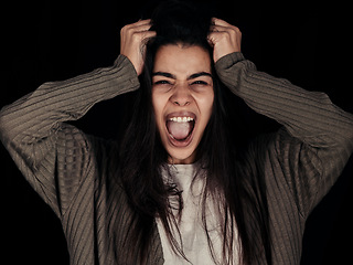 Image showing Stress, anxiety and woman screaming with frustrated, depressed of mental health problem feeling. Portrait of a young female from Spain with anger and mad face pulling hair with schizophrenia