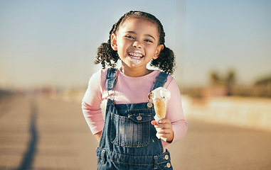 Image showing Summer, ice cream and happy portrait of child with smile and dripping face walking on street. Happiness, dessert and small girl laughing with ice cream cone and messy mouth, fun and enjoying holiday.