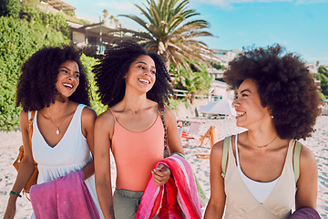 Image showing Black woman, sun and friends on beach in summer for outdoor break, holiday and happiness. Travel, smile and vacation women enjoying Los Angeles sunshine together on wellness walk in sand.