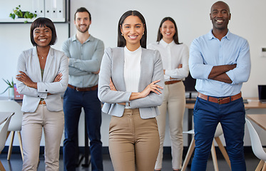 Image showing Business people, portrait smile and team with arms crossed in corporate collaboration or diversity at the office. Group of diverse confident employee workers smiling in teamwork vision at workplace