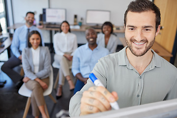 Image showing Planning, presentation and writing with business people in meeting for training, project management and teamwork. Idea, advisory and growth with employee in workshop for vision, chart and conference