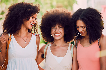 Image showing Woman, friends and laughing for social friendship, joke or fun bonding time together in the outdoors. Happy African American group of women enjoying holiday trip, summer break or funny moments