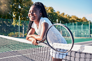 Image showing Sports, tennis and black woman with tennis racket on court ready for winning game, match and practice outdoors. Motivation, fitness and girl smiling on tennis court for training, exercise and workout