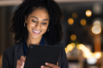 Image showing Business woman, tablet and smile for communication, chatting or browsing in design or research at the office. Female employee designer working on touchscreen in online marketing or web advertising