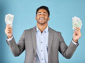 Image showing Happy businessman, cash and money on studio background, euro finance and profit from economy, financial freedom and bonus income. Wealth, winner and deal of rich entrepreneur, investment and success