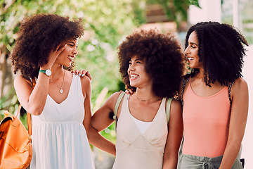 Image showing Girl friends, black women and happy hug of people together with friend and bonding outdoor. Funny, vacation and smile of a black woman with happiness laughing in the summer sunshine feeling peace