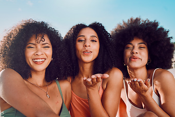 Image showing Black woman, friends and selfie blowing kiss for happy friendship, summer vacation and bonding in the outdoors. Portrait of African American women enjoying social fun for photo moments together