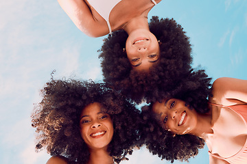 Image showing Blue sky, friends and portrait of group of black women enjoy summer holiday, vacation and weekend outdoors. Freedom, beauty and face of girls in circle having fun, adventure and happiness in nature