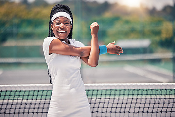 Image showing Tennis, sports and stretching with a black woman portrait getting ready for a competition game on court outdoor. Fitness, health and warm up with a female tennis player or athlete training outside