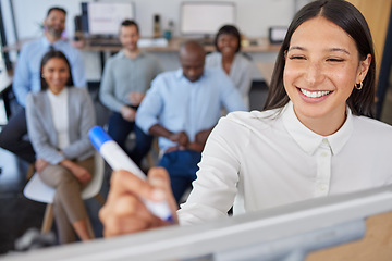 Image showing Businesswoman leadership, whiteboard writing and presentation, marketing team and kpi sales strategy, feedback review or office planning. Young female worker, workshop meeting and brainstorming goals