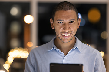 Image showing Business man, tablet and happy portrait of a digital fintech employee at night with a smile. Finance project management worker with technology and happiness working on financial software and project