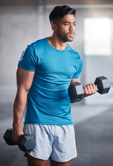 Image showing Bodybuilder man, workout and weightlifting with dumbbell in gym for healthy body, fitness and muscle. Athlete, training and exercise with metal weight for health, wellness and physical development