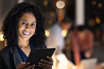 Image showing Face, tablet and night with a business black woman at work overtime late in her company office. Portrait, technology and dark with a female employee working to finish a task or project by deadline