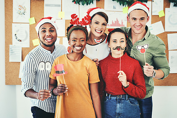 Image showing Group of business people, christmas portrait and celebrate festive together in interracial compamy office. Diversity, christmas party and small business team or smile for comic holiday celebration