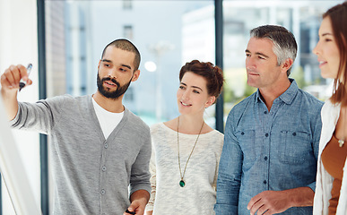 Image showing Business people, whiteboard planning and marketing team ideas, strategy and collaboration in advertising agency. Diversity, employees and brainstorming notes, workshop and vision for company goals