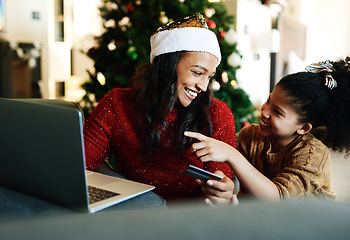 Image showing Christmas, laptop and credit card with mother and girl for online shopping, gift or digital payment. Fintech, ecommerce and purchase with mom and child customer for celebration, holiday and xmas deal