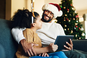 Image showing Christmas, family and digital tablet for live streaming movie, fun game or social media on house living room sofa. Happy smile mother, father and girl with technology in home in festive xmas holiday