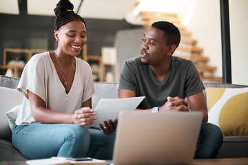 Image showing Laptop, finance and budget with a black couple working on debt or accounting or banking in their home living room. Computer, documents and investment with a man and woman financial planning online