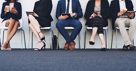 Image showing Line, group and business people for interview using tech devices while waiting for hr recruitment. Row, businesspeople and hiring or hire candidates wait in queue for professional opportunity