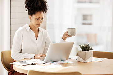 Image showing Business woman, coffee or modern office laptop for digital marketing budget, advertising finance planning or growth investment analytics. Creative worker, technology or financial documents in startup