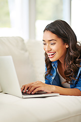 Image showing Woman, laptop and smile for good news on sofa reading email, blog or relaxing in social media at home. Happy excited female in online conversation, sale or computer connection on living room couch