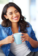 Image showing Woman, portrait and coffee on sofa in house for beauty smile, relax or happy lifestyle. Girl, couch and home living room for drinking tea, latte or espresso while sitting, lounge or happiness on face