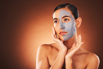 Image showing Beauty, charcoal mask with facial and woman in natural cosmetics mockup, hands frame face with skincare against studio background. Skin, treatment and detox, cosmetic product and glow with wellness.