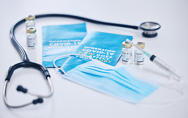 Image showing Covid, face mask with vaccine and syringe, stethoscope and healthcare with medical and medicine. Covid 19 information flyer, health and safety with glass bottle and liquid for corona and health care.