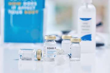 Image showing Covid, vaccine and health with medicine and healthcare, safety from Covid 19 disease and medication for virus. Health care innovation, liquid and bottle with vaccination and immunization from corona.
