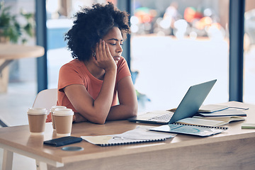 Image showing Stress, tired and business black woman on laptop at desk thinking of email communication, marketing report and copywriting. Sad, depression and mental health problem of admin or office worker fatigue