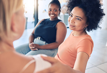 Image showing Empathy, support and counseling with people in therapy meeting for psychology, depression and community. Mental health, healing and difficult with friends in workshop session for advice and help